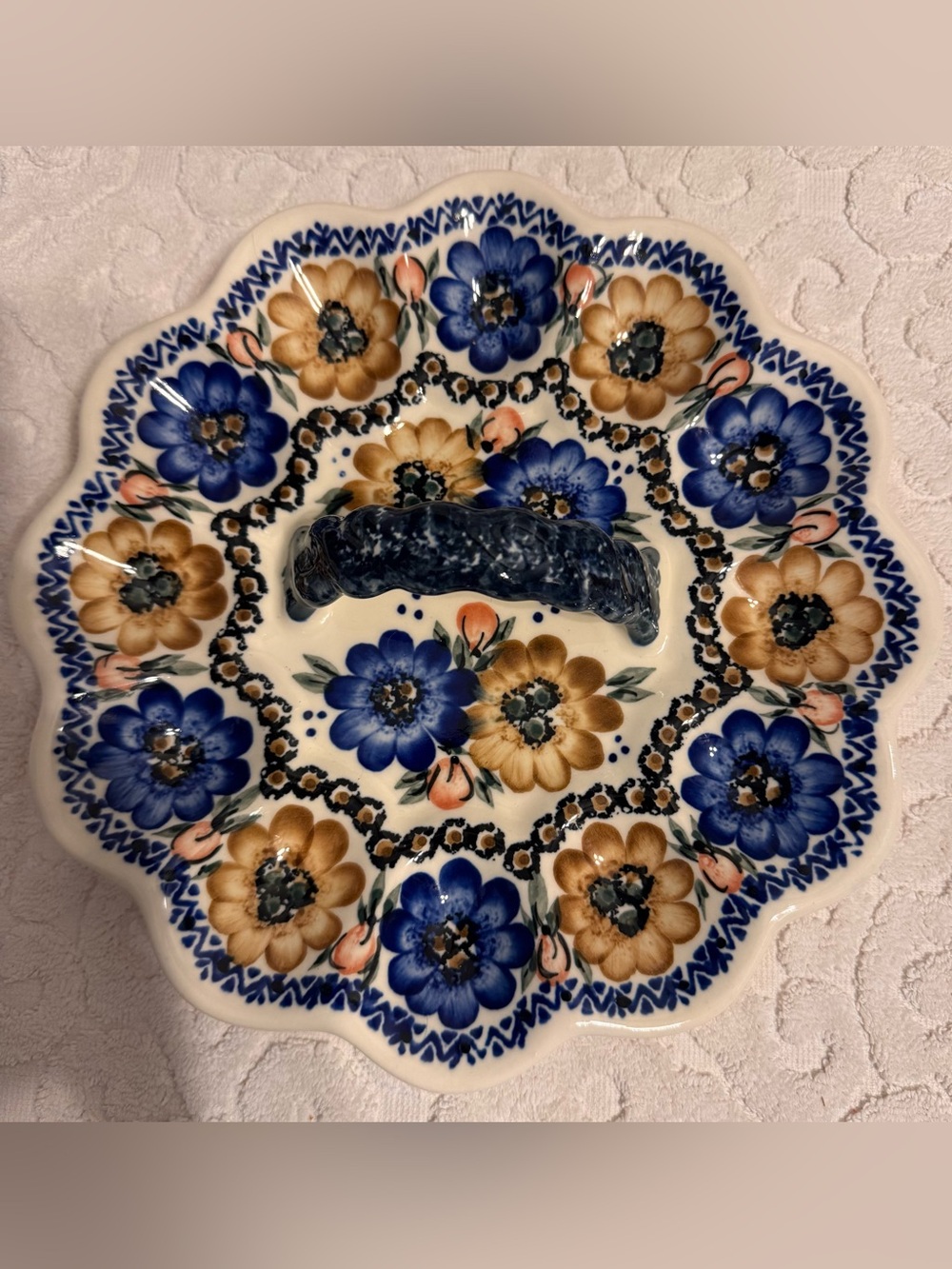 UNIKAT Polish Pottery Deviled Egg Handled Plate Blue Peach floral Handpainted